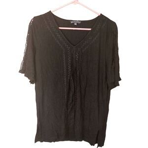 Adrianna Papell Black Embroidered Blouse Boho Size Medium M Top